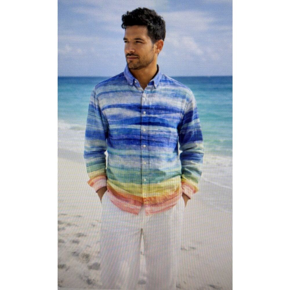 Tommy Bahama Sun Harbor Stripe Linen Long Sleeve Shirt Men's large Palace Blue